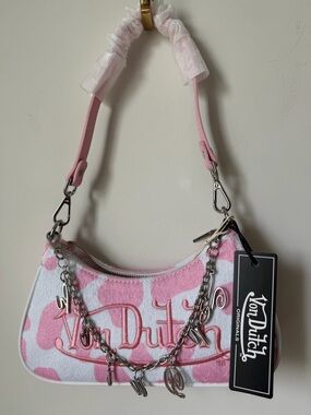 Viral Von Dutch Pink Cow Shoulder Bag with bag charm chain